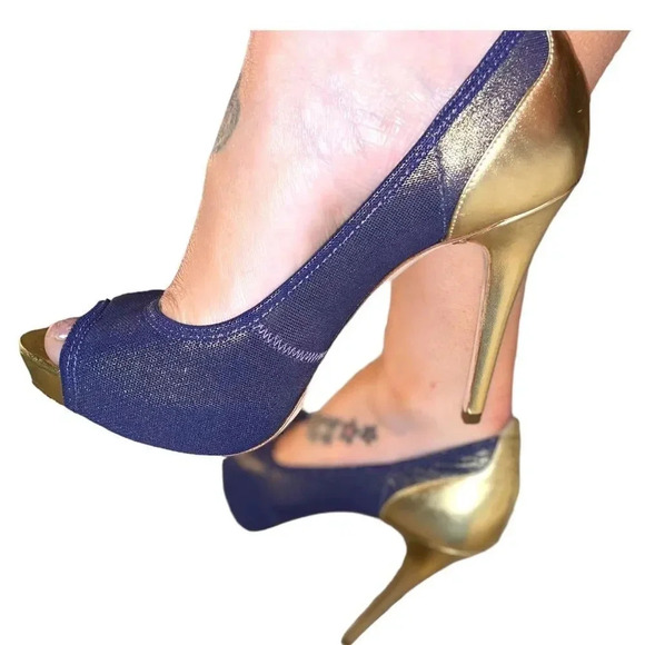 REPORT SIGNATURE TOLUCA2 PEEP TOE HEELS METALLIC GOLD AND DENIM BLUE SIZE 8 - Picture 12 of 15